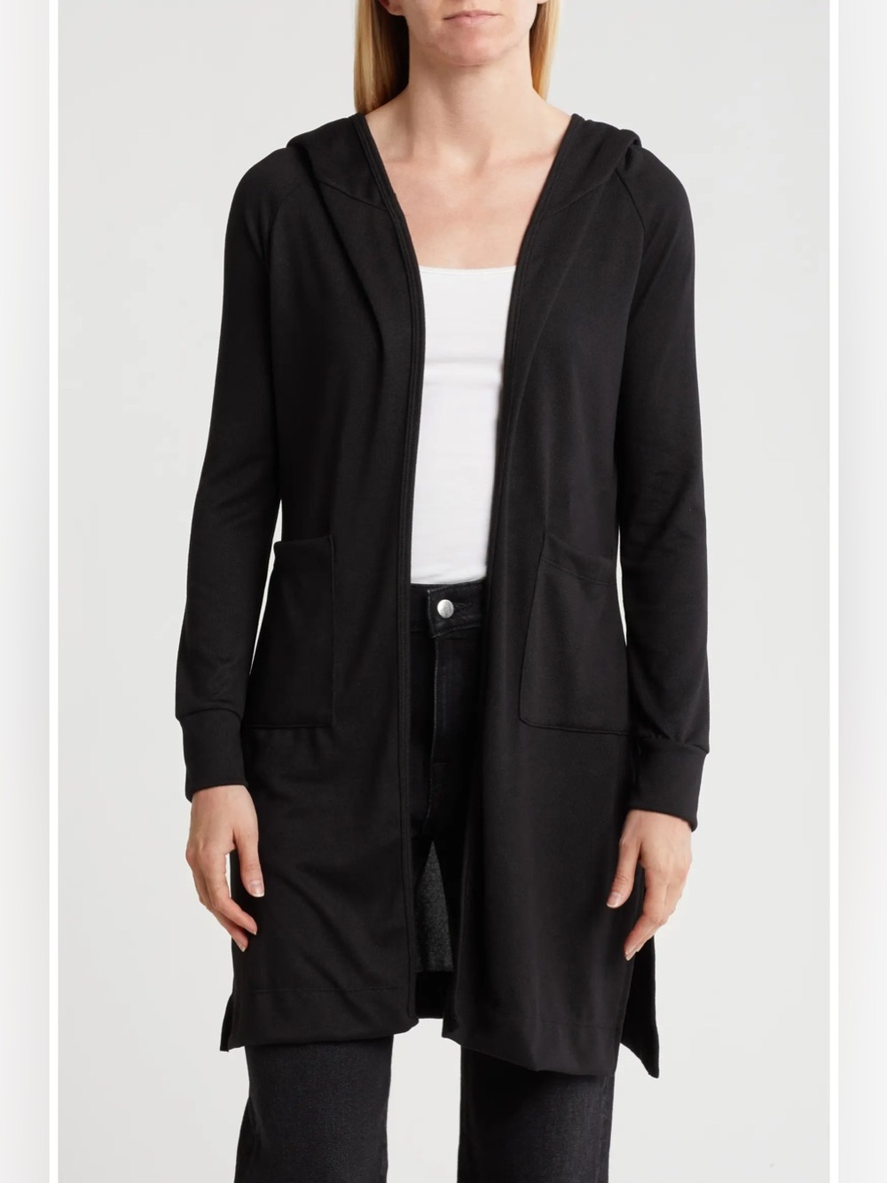 NWOT- GO COUTURE Wrap Front Hooded Cardigan, Black, size Small